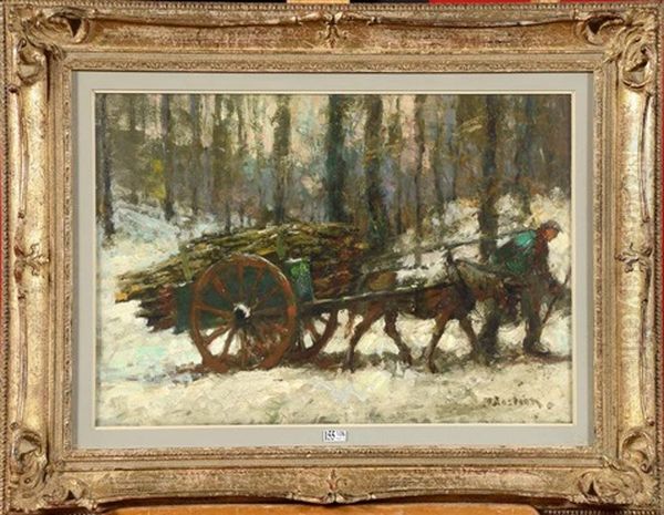 Ramasseur De Bois Dans La Foret Sous La Neige Oil Painting by Alfred Bastien
