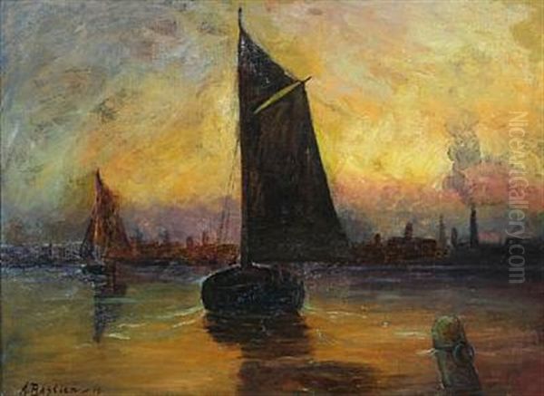 Sunset At A Harbour Oil Painting by Alfred Bastien
