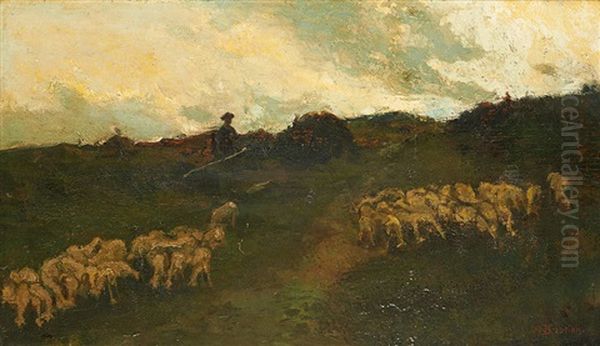 Le Berger Au Coucher Du Soleil Oil Painting by Alfred Bastien