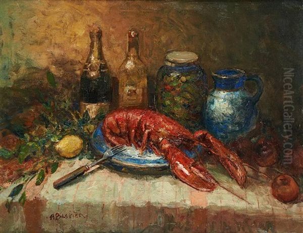 Composition Au Homard Et Au Champagne Oil Painting by Alfred Bastien