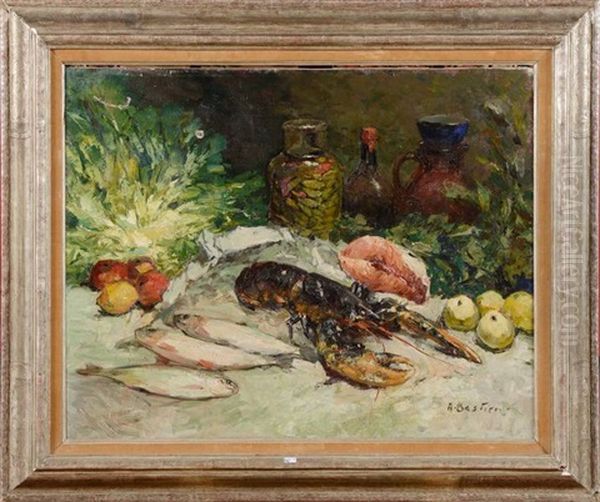 Nature Morte Au Homard, Aux Poissons Et Aux Fruits Oil Painting by Alfred Bastien