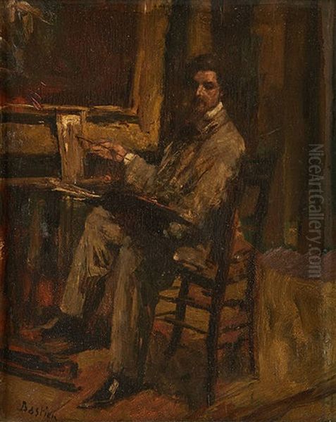 Autoportrait De L'artiste A Son Chevalet Oil Painting by Alfred Bastien