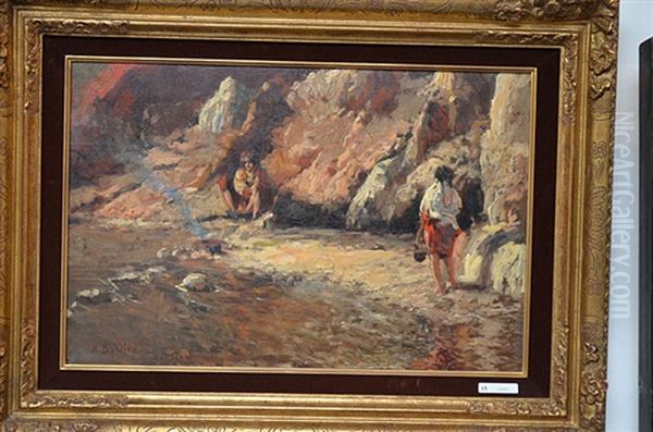 Deux Fillettes Au Bord De La Riviere Oil Painting by Alfred Bastien