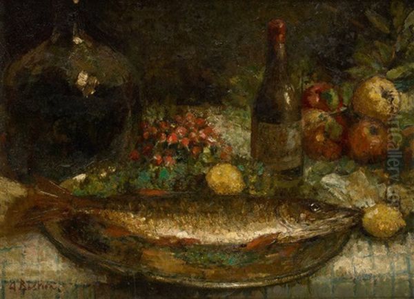 Composition Au Brochet Et Aux Fruits Oil Painting by Alfred Bastien