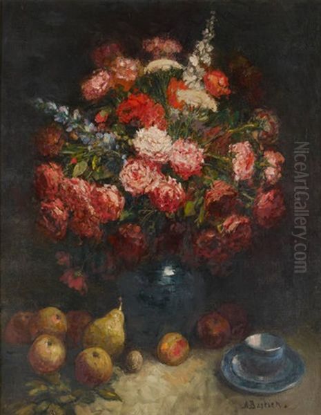 Vase Fleuri Avec Fruits En Avant-plan Oil Painting by Alfred Bastien