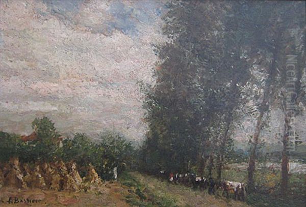 Landschap Met Koeien En Korenschoven Oil Painting by Alfred Bastien
