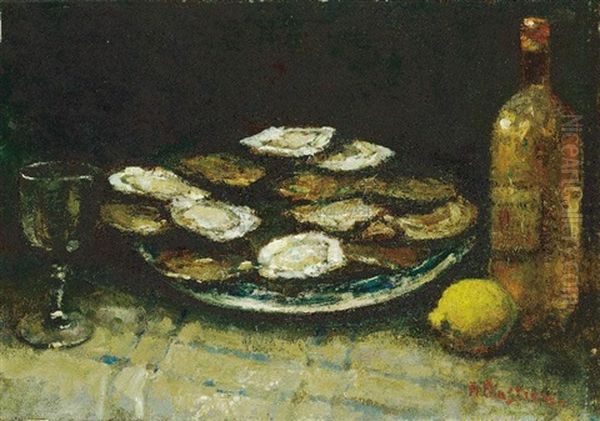 Oyster And White Wine Oil Painting by Alfred Bastien