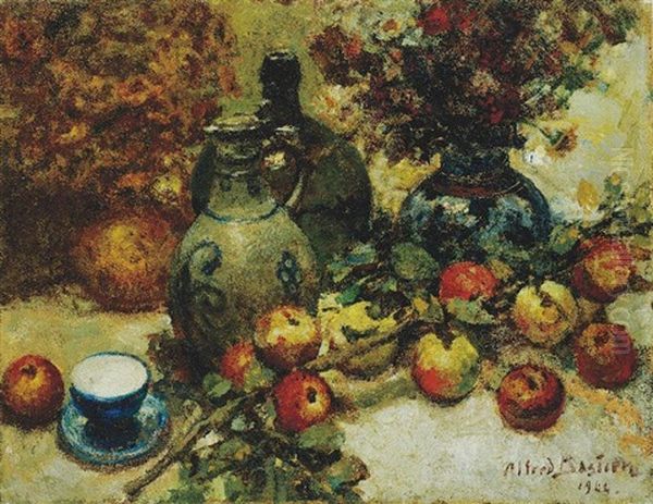 Still Fruit And Flowers Oil Painting by Alfred Bastien