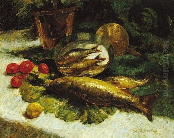 Stills And Fish Oil Painting by Alfred Bastien