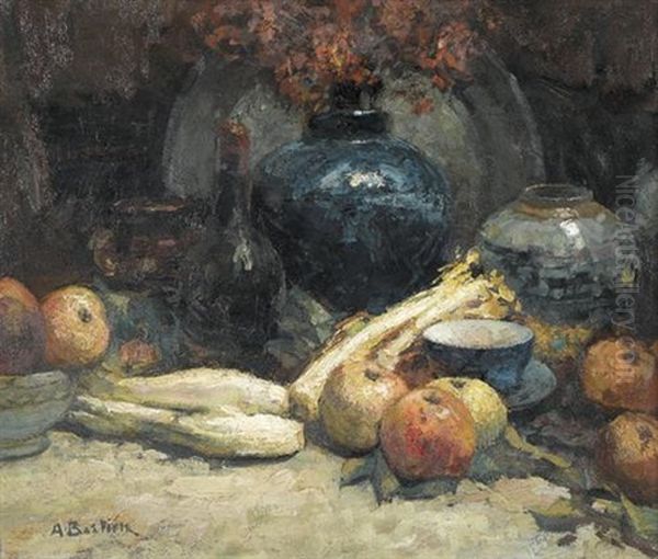 Stillleben Mit Obst, Gemuse Und Vasen Oil Painting by Alfred Bastien