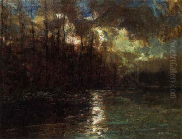 Moonlit Landscape With A Lake Oil Painting by Alfred Bastien
