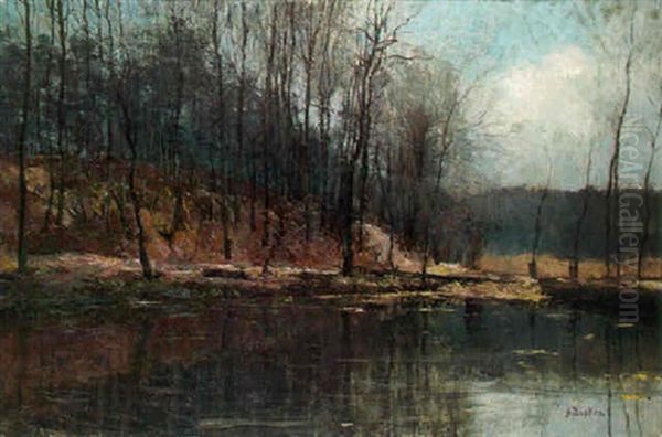 At The Edge Of A Lake, Early Winter Oil Painting by Alfred Bastien