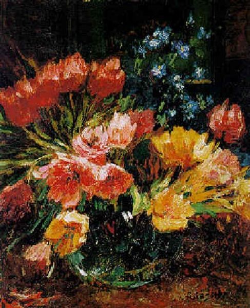 Tulpenstraus In Einer Kugeligen Glasvase Oil Painting by Alfred Bastien