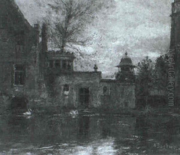 Svaner Pa En So I Baggrunden Huse Oil Painting by Alfred Bastien