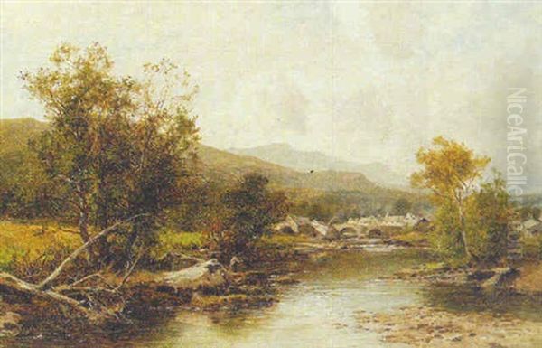 Anglers Before A Village In Wales Oil Painting by David Bates