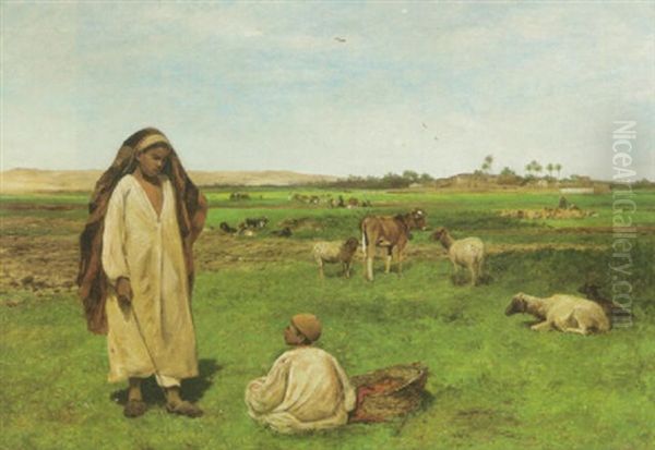 Boys Minding Cattle In The Fields, Egypt Oil Painting by David Bates