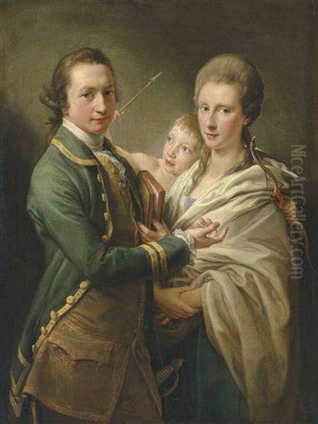 Group Portrait Of The Hon. Arthur Saunders Gore, Viscount Sudley, Later 2nd Earl Of Arran (1734-1809), And His Wife Catherine, Nee Annesley (1739-1770), With Their Son (?), Arthur Saunders Gore, Later 3rd Earl Of Arran (1761-1837), As Cupid, Three-quarter Oil Painting by Pompeo Gerolamo Batoni
