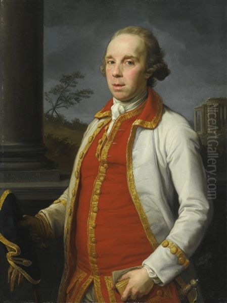 Portrait Of Robert Udny (1722-1802), Half Length, Before A Parapet, The Temple Of The Sybil At Tivoli Beyond Oil Painting by Pompeo Gerolamo Batoni