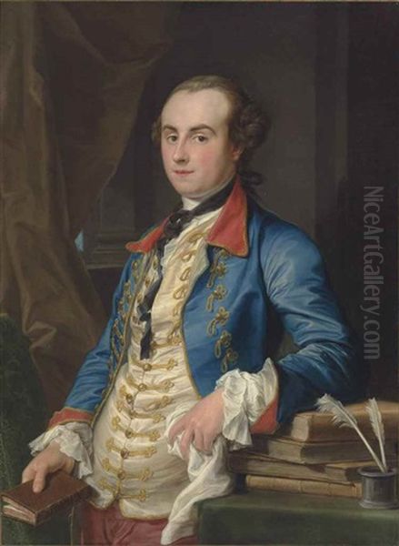 Portrait Of Edward Solly, In A Blue Frock Coat With A Red And Collar And Cuffs And Gold Brocade Details, And A White Silk Waistcoat, Leaning On A Stack Of Books Oil Painting by Pompeo Gerolamo Batoni