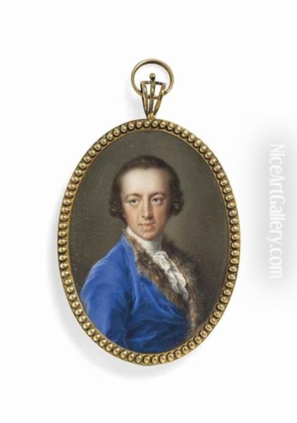 A Gentleman, Formerly Called Sir Horace Walpole 4th Earl Of Orford (1813-1894), In Blue Coat Trimmed With Fur, White Shirt And Frilled Cravat... Oil Painting by Pompeo Gerolamo Batoni