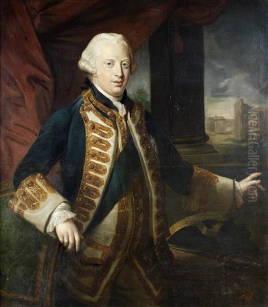 Portrait Of Prince Edward Augustus, Duke Of York, Three-quarter-length, In A Blue Velvet Coat With Gold-trimmed Lapels And The Star And Sash Of The Order Of The Garter, Standing In A Loggia With A View Of The Colosseum Beyond Oil Painting by Pompeo Gerolamo Batoni