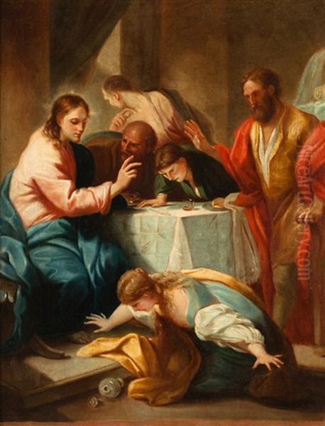 La Cena De Emaus Y Cena En Casa De Simon (pair) Oil Painting by Pompeo Gerolamo Batoni