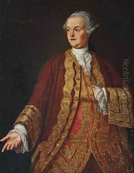 Portrait Of A Gentleman In A Red Coat And Waistcoat With Gold Brocade Oil Painting by Pompeo Gerolamo Batoni