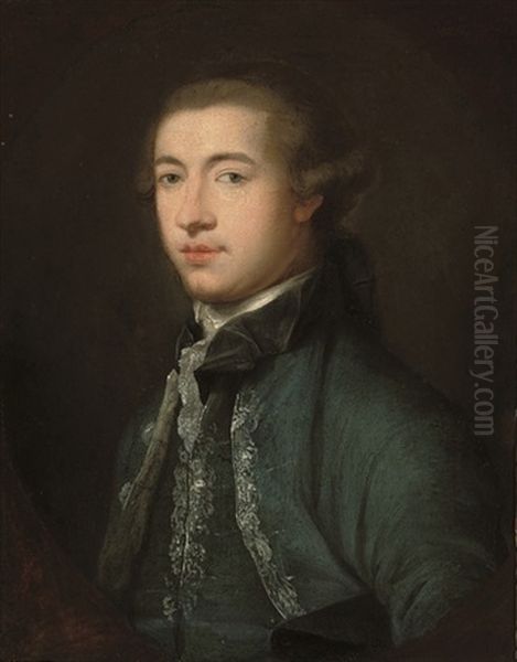 Portrait Of A Gentleman, Half-length, In A Blue Coat, A Hat Under His Left Arm, In A Feigned Oval Oil Painting by Pompeo Gerolamo Batoni