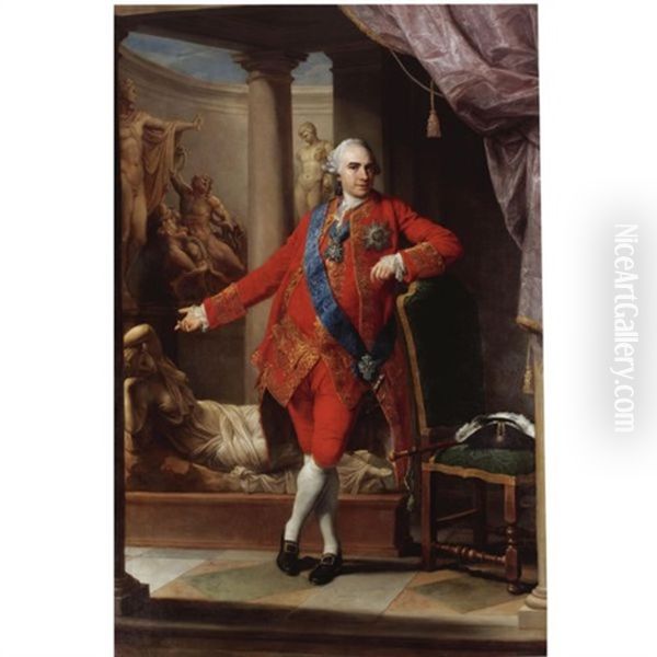 Portrait Of Count Kirill Grigorjewitsch Razumovsky, In A Scarlet Suit, Wearing The Star, Sash And Badge Of The Order Of Saint Andrew And On His Breast The Polish Order Of The White Eagle, Standing Wit Oil Painting by Pompeo Gerolamo Batoni