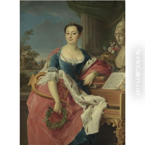 Portrait Of The Principessa Giacinta Orsini Buoncompagni Ludovisi, Duchessa D'arce, Wearing A Blue Dress And Pink Ermine-lined Cloak, Holding A Laurel Wreath And A Lyre, Leaning On A Pile Of Books On Oil Painting by Pompeo Gerolamo Batoni
