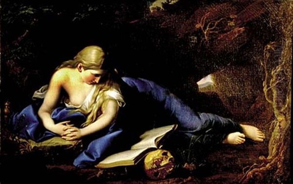 Reclining Mary Magdalene Reading In Wilderness Oil Painting by Pompeo Gerolamo Batoni