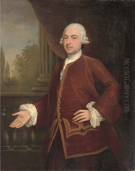 Portrait Of A Gentleman, Standing, In A Red Jacket With Gold Trim, A Landscape Beyond Oil Painting by Pompeo Gerolamo Batoni