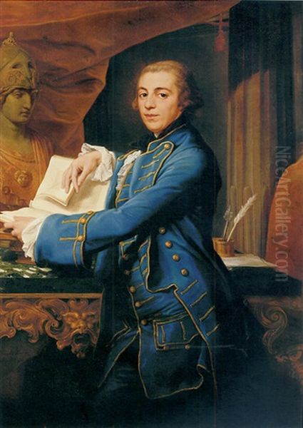 Portrait Of John Crewe In A Gold-embroidered Blue Coat And Waistcoat, Holding A Book, By A Marble-topped Table With A Bust Of Minerva, In An Interior Oil Painting by Pompeo Gerolamo Batoni