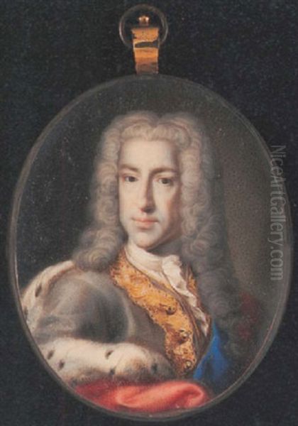 Portrait Of Prince James Francis Edward Stuart, The Old Pretender, Wearing Grey Coat, Ermine-lined Scarlet Cloak, Blue Sash Of The Garter, And Powdered Wig Oil Painting by Pompeo Gerolamo Batoni