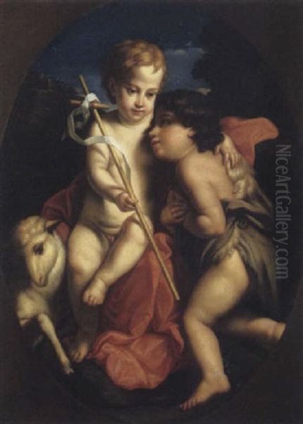 Gesu Bambino E San Giovannino In Paesaggio Oil Painting by Pompeo Gerolamo Batoni