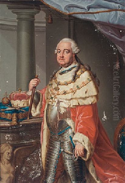 Portrait Of Kurfurst Karl Theodor Von Der Pfalz Und Bayern, Wearing Armour With An Ermine-trimmed Coat Oil Painting by Pompeo Gerolamo Batoni