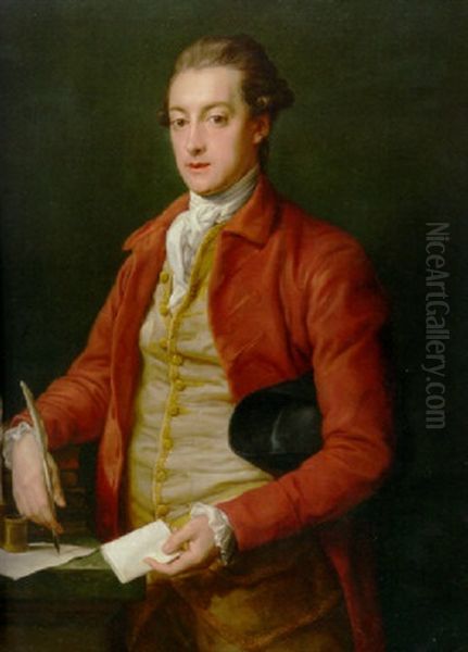 Portrait Of Hon. Lionel Damer In A Red Coat, With A Grey Vest And A White Cravat, Holding A Letter And A Quill Pen Oil Painting by Pompeo Gerolamo Batoni