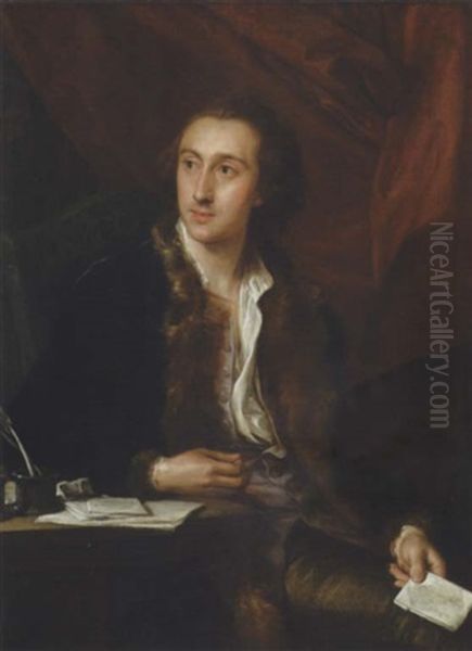 Portrait Of A Gentleman In A Fur-lined Blue Coat, A Letter In His Left Hand, His Right Arm Leanign On A Table With Letters And Writing Implements Oil Painting by Pompeo Gerolamo Batoni