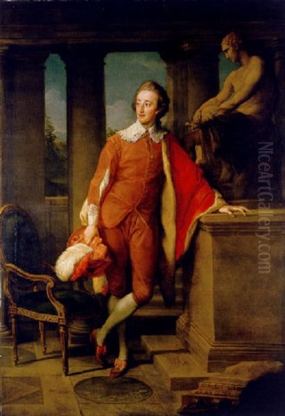 Portrait Of Anthony Ashley-cooper, 5th Earl Of Shaftesbury In Masquerade Van Dyck Dress, An Orange Coat And Breeches With A Red Fur-lined Cloak, Holding An Orange Hat With Red And White Oil Painting by Pompeo Gerolamo Batoni