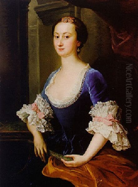 Portrait Of A Lady In A Blue Velvet Dress Holding A Fan Oil Painting by Pompeo Gerolamo Batoni