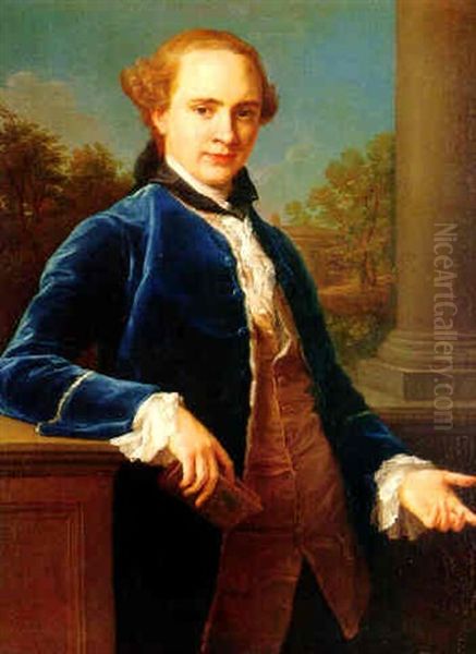 Portrait Of Gentlemen In A Blue Velvet Coat Standing Near A Column, A Landscape Beyond Oil Painting by Pompeo Gerolamo Batoni