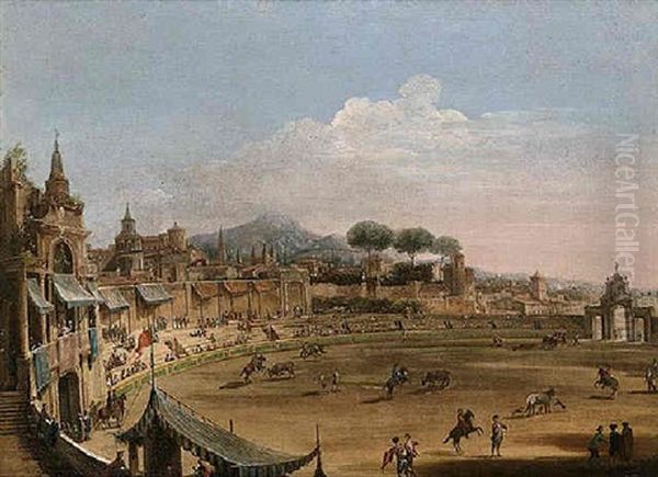 A View Of A Plaza De Toros With Bullfight Oil Painting by Francesco Battaglioli