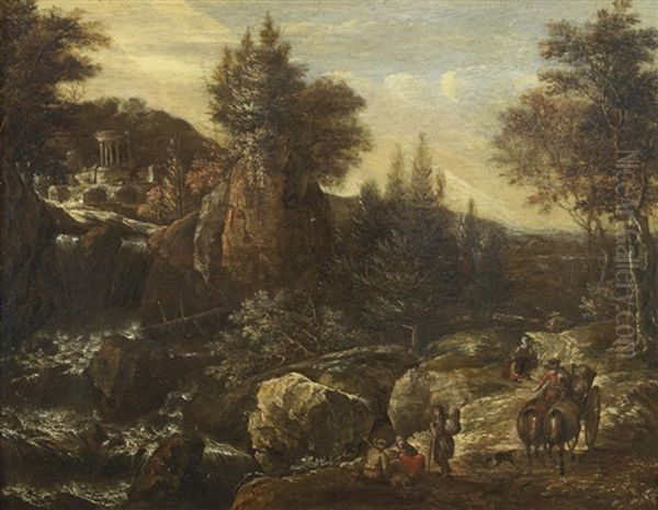 Travellers In A Rocky, River Landscape With A Classical Temple Beyond Oil Painting by Gerrit (Gerard) Battem
