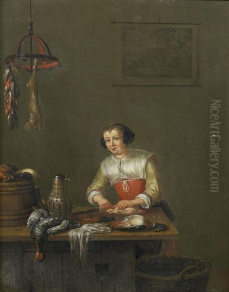 A Fishmonger; And A Poulterer (2) Oil Painting by Gerrit (Gerard) Battem