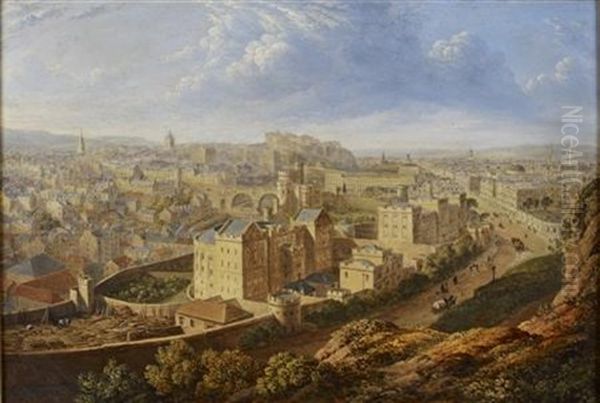 A View Of Edinburgh From Calton Hill (+ Another, Steel Engraving, Verso) Oil Painting by Robert Batty