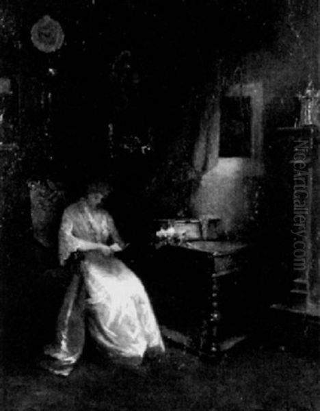 Interieur Mit Dame Bei Der Abendlekture Oil Painting by Jeanna Maria Charlotta Bauck