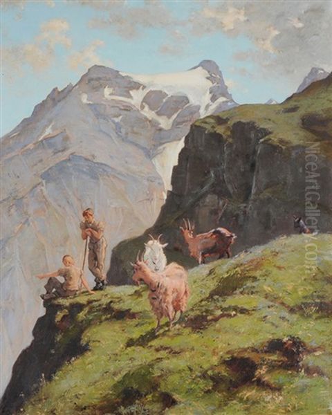 Ziegenhirten In Der Gegend Vom Bundstock, Mit Blick Auf Die Butlasen Oil Painting by Auguste Baud-Bovy