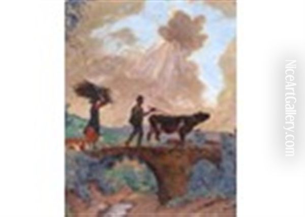 Ligurian Peasants Crossing A Bridge Oil Painting by Francois Charles Baude