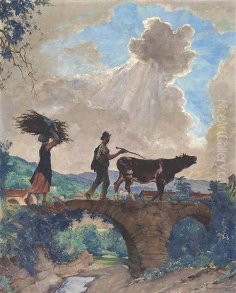 Farmers Crossing A Bridge, Liguria Oil Painting by Francois Charles Baude