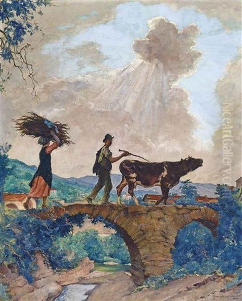Farmers Crossing A Bridge Oil Painting by Francois Charles Baude